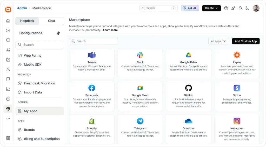 BoldDesk marketplace featuring integrations with Slack, Microsoft Teams, and other business apps for customer support.