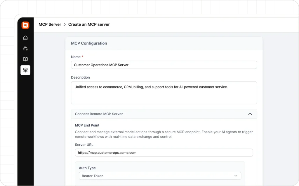 BoldDesk MCP server screen shows a customer operations endpoint connected to ecommerce, CRM, billing, and support systems.