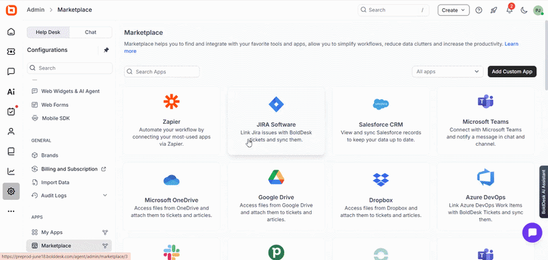 BoldDesk Marketplace displaying app integrations including Zapier, JIRA, Salesforce CRM, and Microsoft Teams