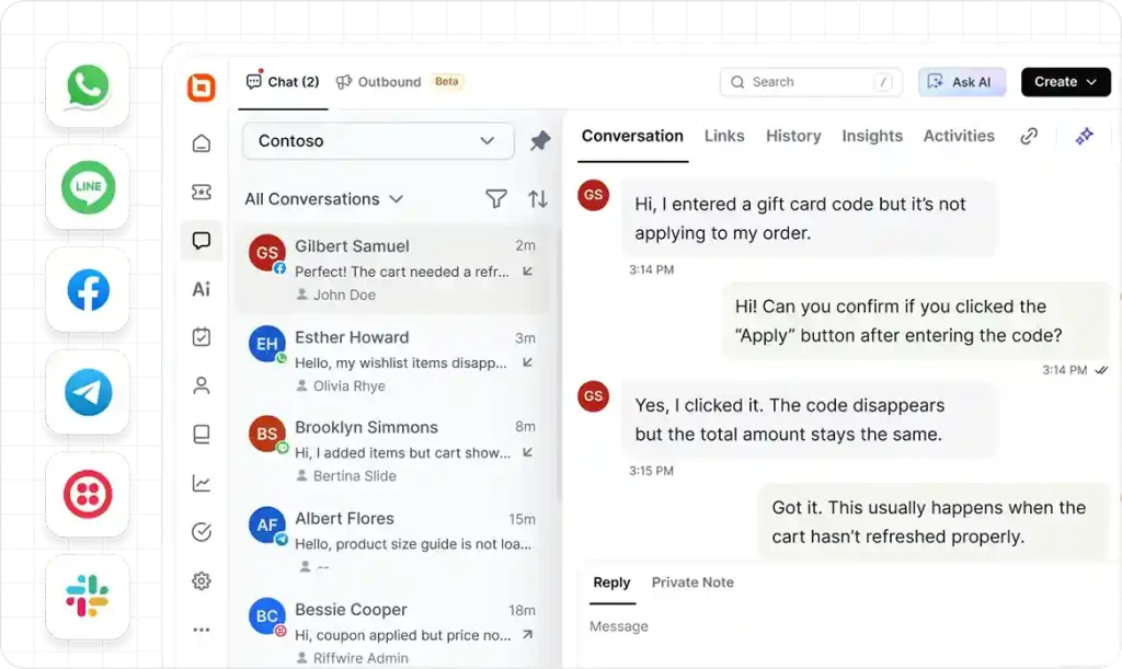 BoldDesk shared inbox showing omnichannel customer chats from WhatsApp, Facebook, Telegram, Slack, and more in one queue.