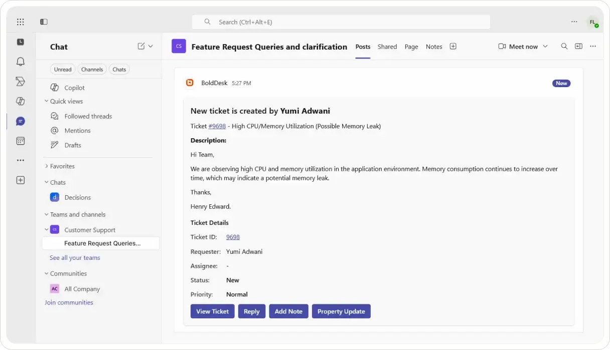 Microsoft Teams channel displaying BoldDesk ticket notification with issue details, status, actions, and updates. panels