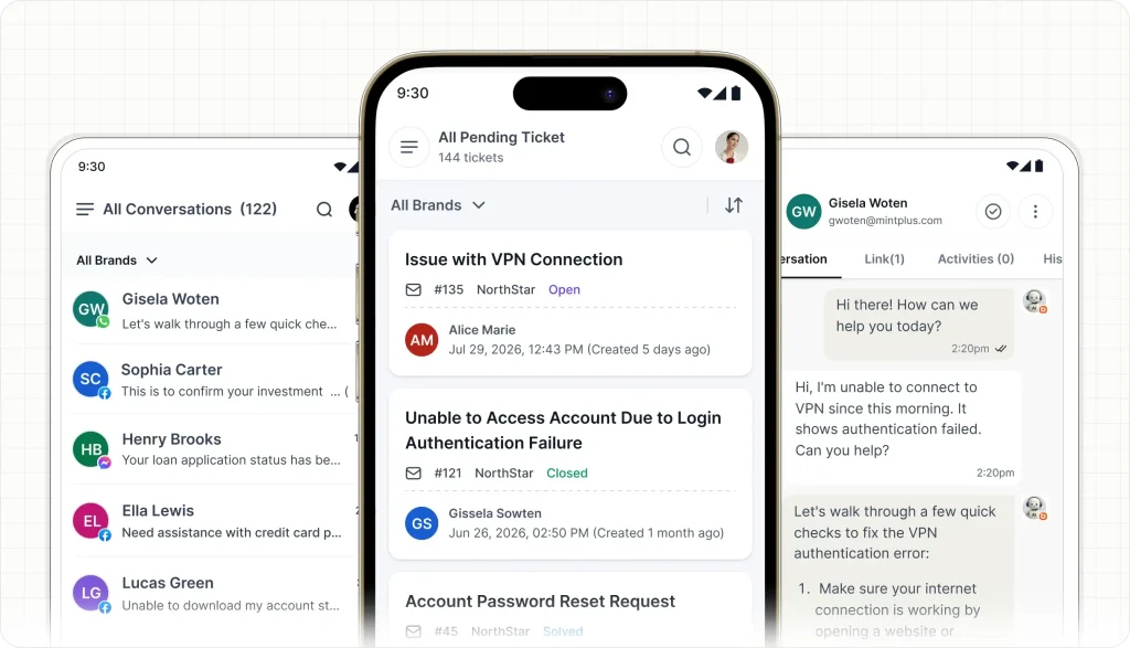 Mobile help desk app showing conversations, support tickets, and AI-assisted chat for VPN issue resolution