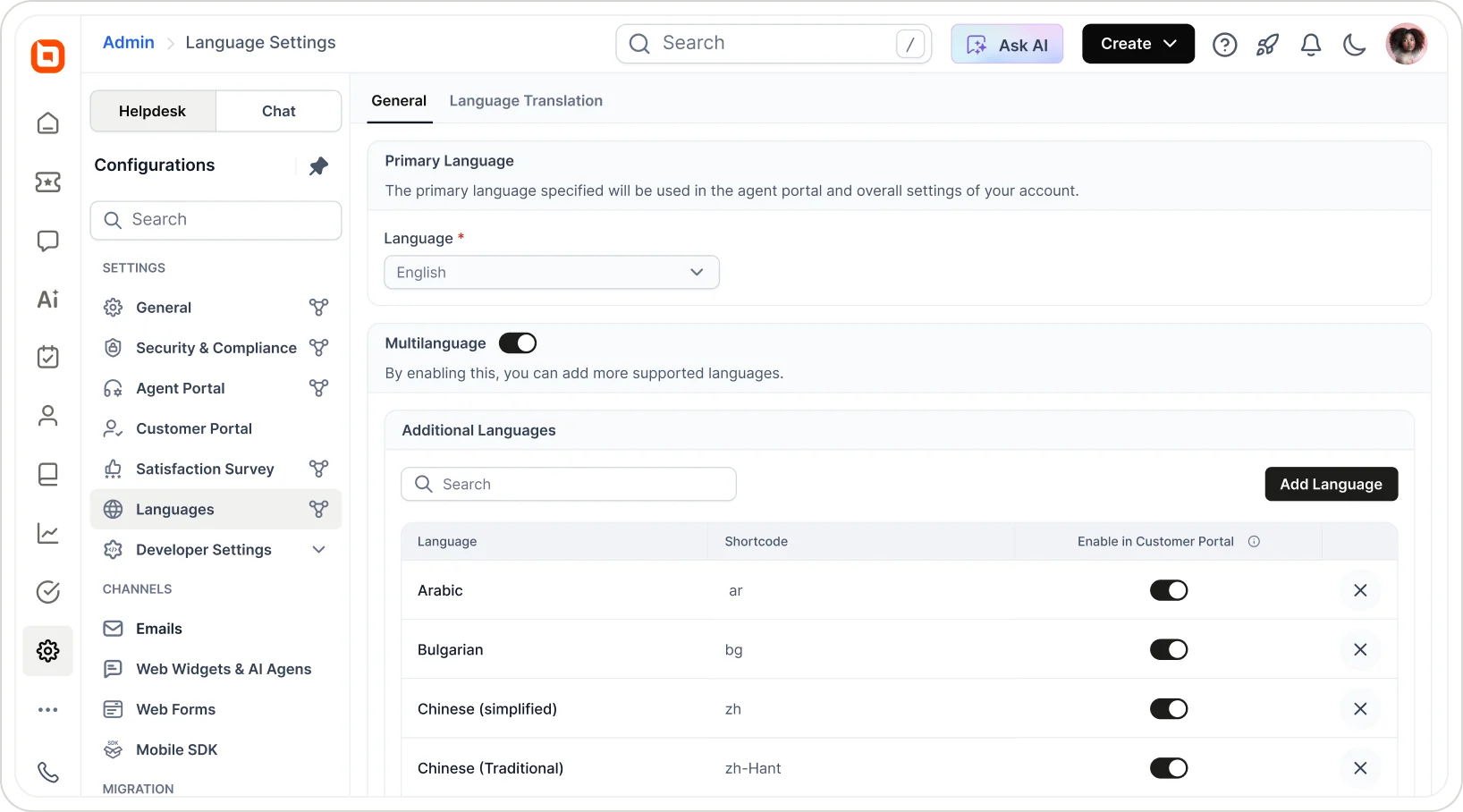 BoldDesk multilingual help desk settings enabling customer portal localization, language preferences, and support in multiple languages from a single account.