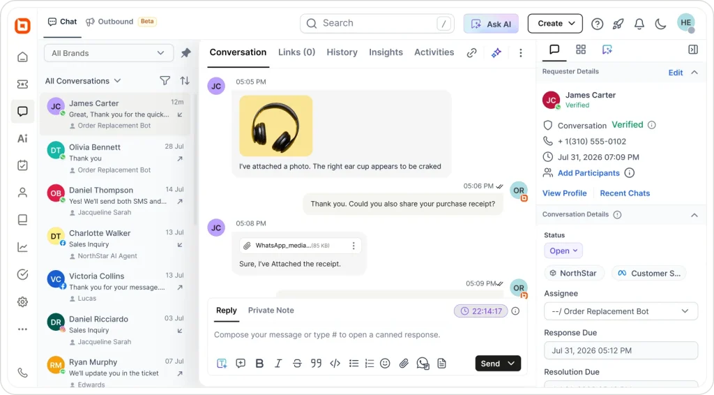 BoldDesk dashboard showing a WhatsApp conversation with image and file attachments.