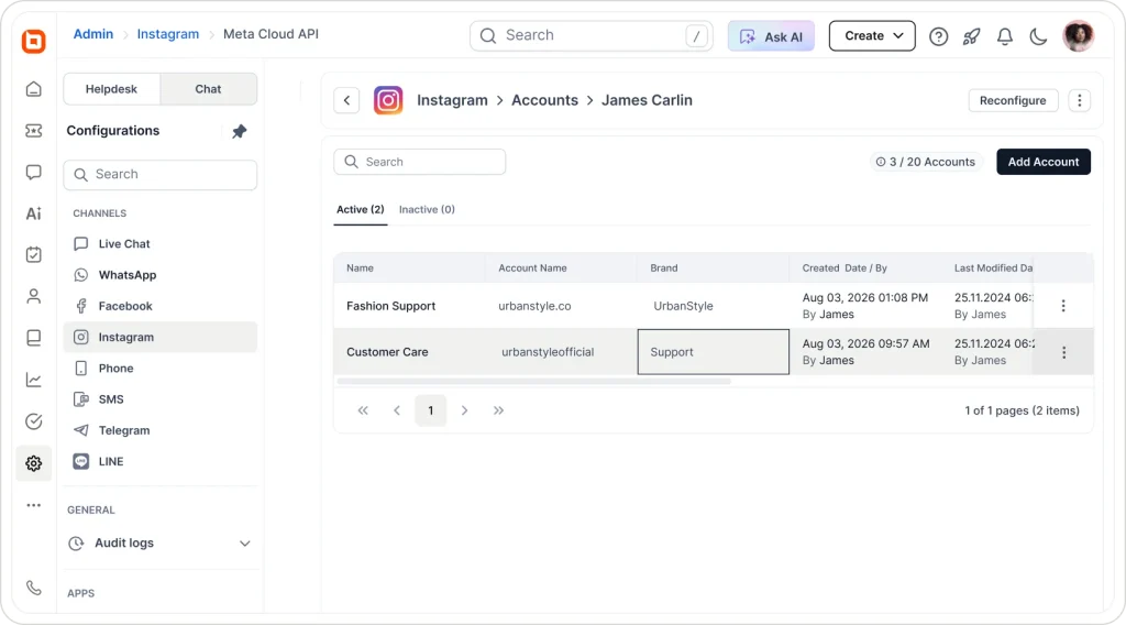 Instagram account management dashboard for managing multiple business accounts and integrations