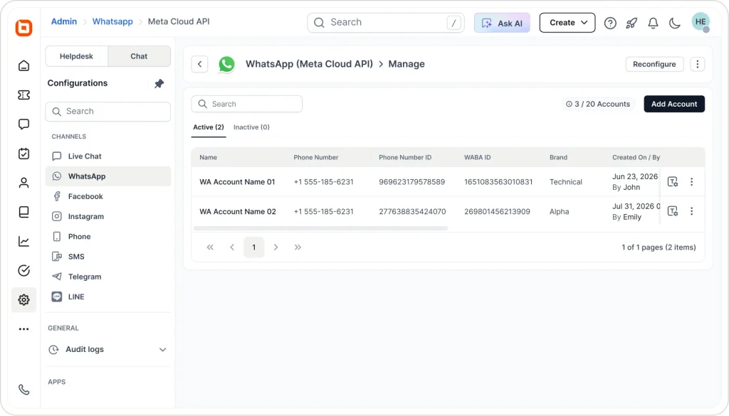 BoldDesk admin dashboard for managing WhatsApp Business accounts through the Meta Cloud API