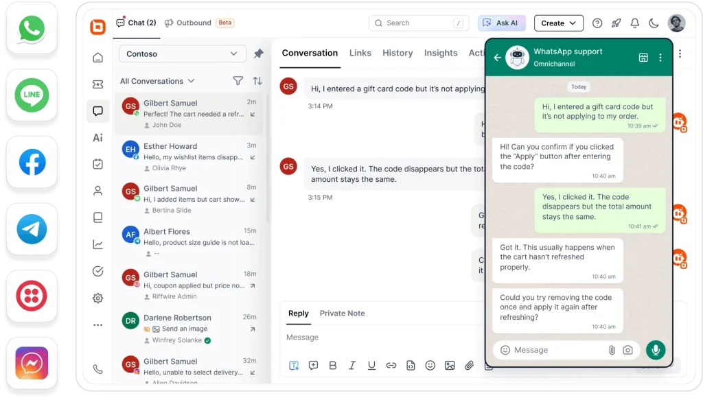 Unified support inbox displaying customer conversations across WhatsApp, Line, Facebook, Telegram and Instagram channels