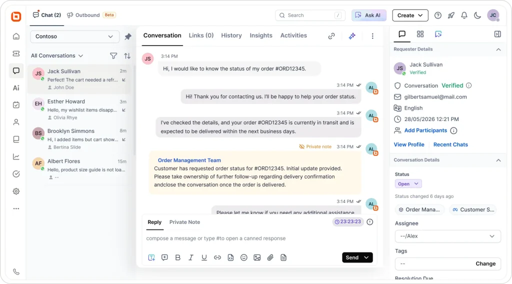 Helpdesk conversation view showing order status updates, private notes, customer details and ticket assignment panel.now