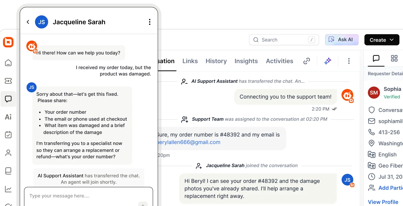 BoldDesk AI support assistant escalating a damaged order complaint to a human support agent with full conversation context, enabling seamless customer service handoff and faster issue resolution.