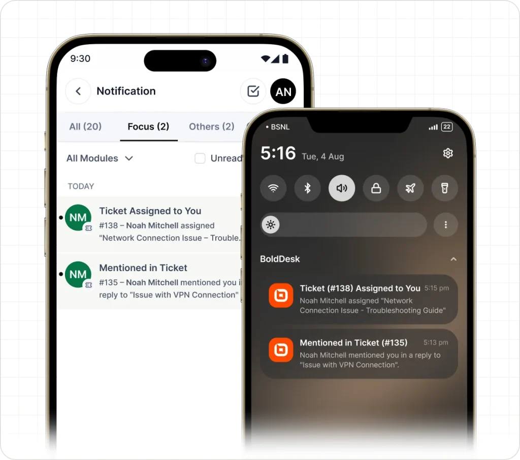 Mobile notification center and lock screen alerts showing ticket assignments, mentions, and real-time support updates