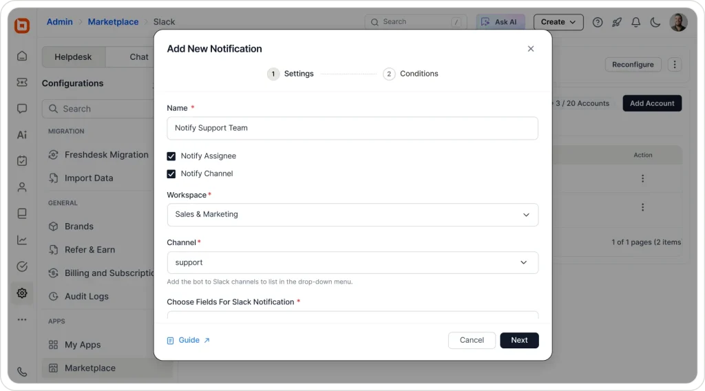 Slack notification setup window in BoldDesk showing workspace, channel selection, alert settings, and fields.