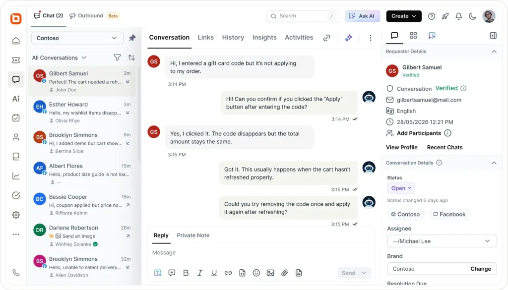Customer support chat resolving a gift card code issue with conversation details and requester profile panel.