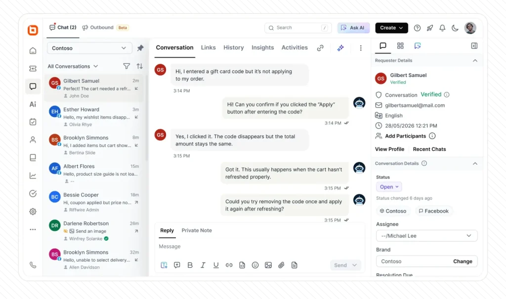 Customer support dashboard showing conversation chat, ticket updates, agent replies and customer interaction history view