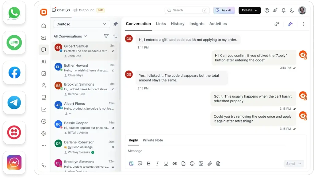 BoldDesk omnichannel support workspace unifying customer conversations from WhatsApp, Facebook, Telegram, Instagram, SMS, and live chat in one inbox.