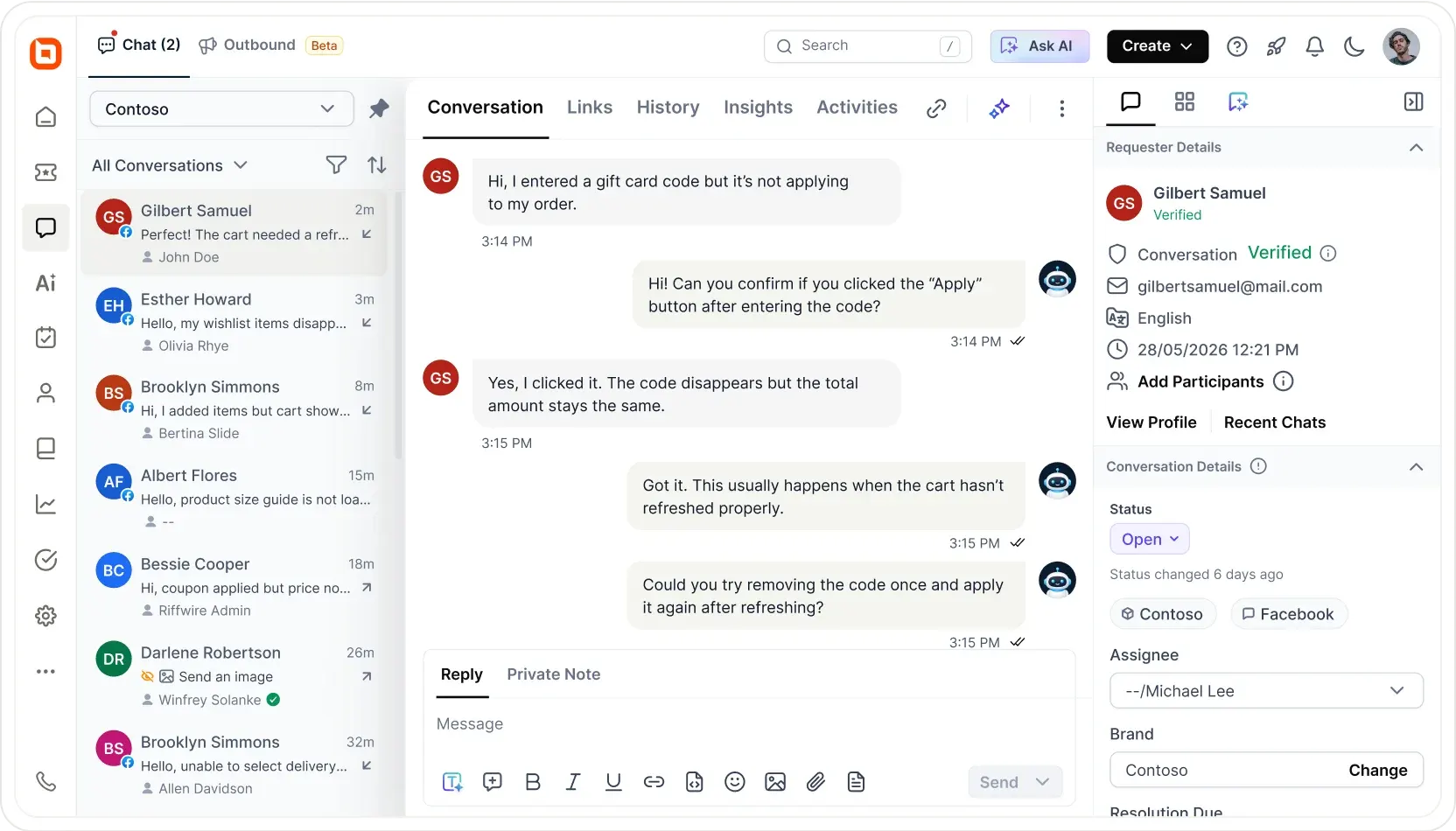 Active customer support chat interface featuring an AI bot conversation with Gilbert Samuel regarding a gift card issue.