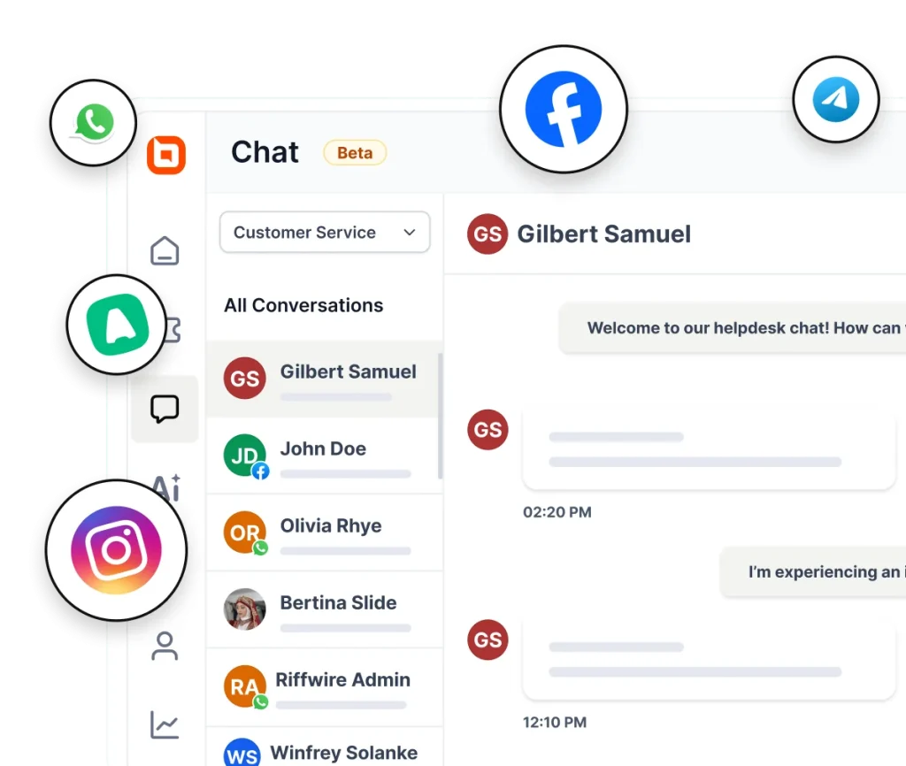 Omnichannel ticketing interface displaying customer chats from WhatsApp, Facebook, Instagram and Telegram channels.