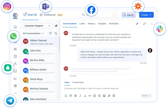 Unified Conversations Across Every Support Channel with WhatsApp, Slack, Teams, Facebook, Telegram and chat