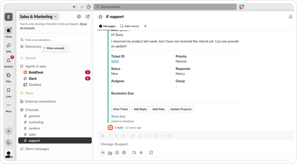 Slack support channel displaying BoldDesk ticket details, status updates, notifications, and action buttons panel.