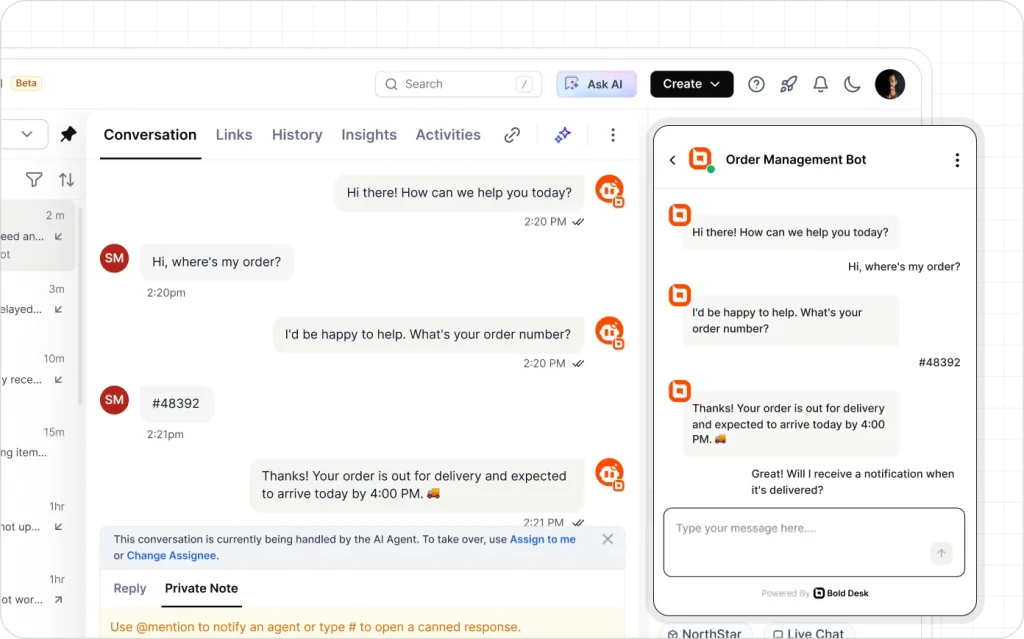 Customer support dashboard and mobile chat showing an order tracking conversation with delivery expected by 4 PM.