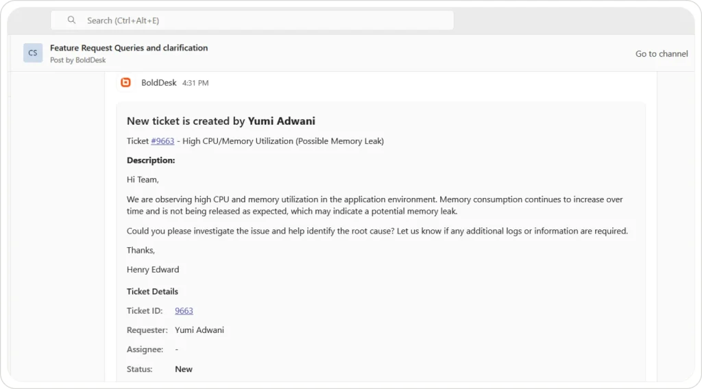 Microsoft Teams post showing BoldDesk ticket notification with issue details, requester info, status, and updates. panel.