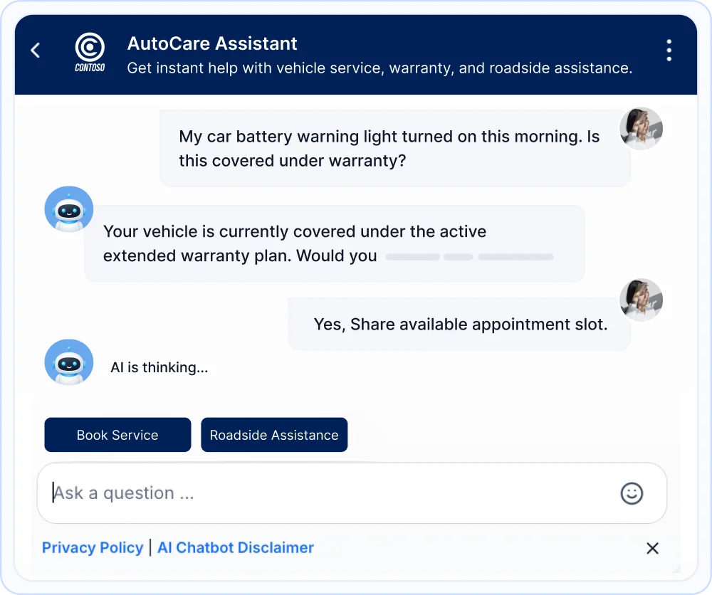 AutoCare chatbot interface showing customer queries and AI replies in live chat software for service booking support ui
