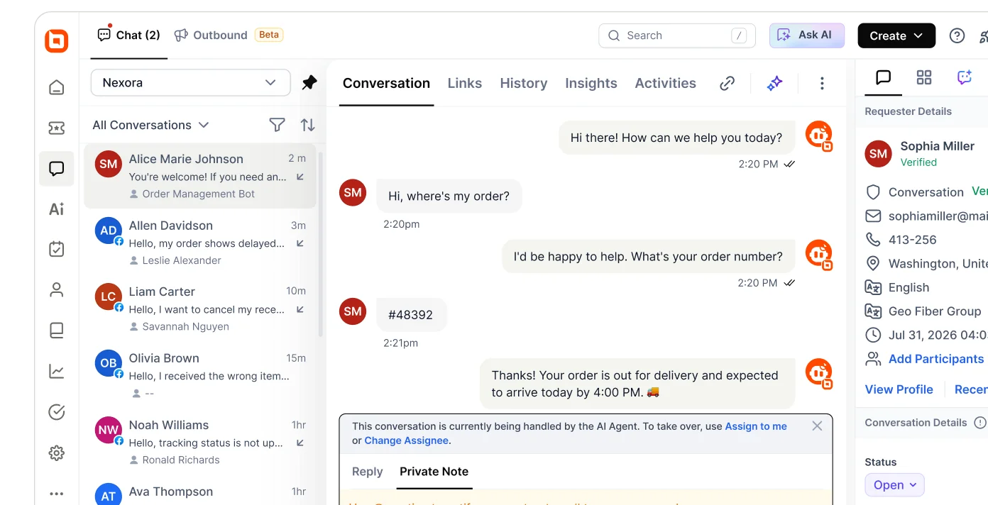 BoldDesk AI live chat software interface showing automated customer support conversation, order tracking assistance, AI agent responses, and support ticket management dashboard.