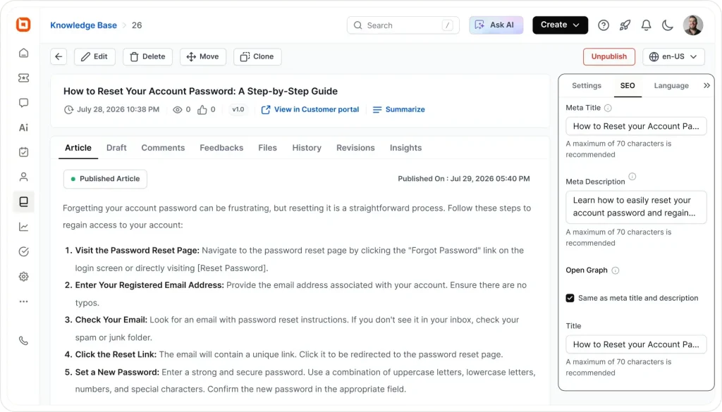Knowledge base software SEO management interface for configuring meta titles, meta descriptions, and search optimization settings