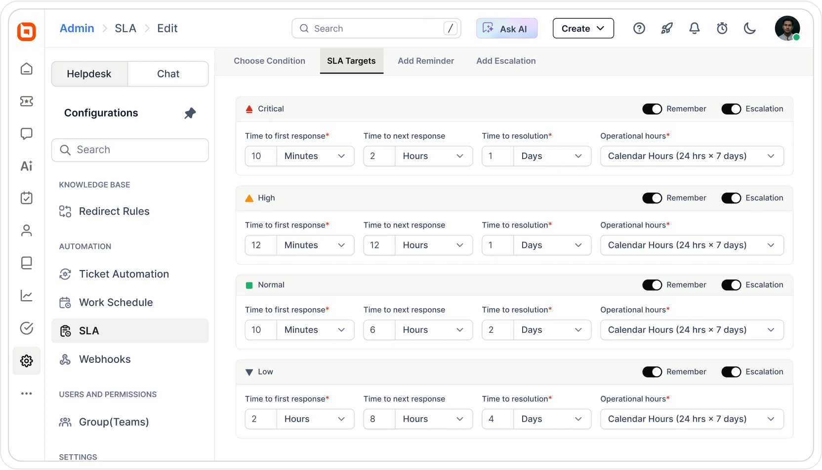 BoldDesk SLA escalation settings screen showing first response, next response, and resolution escalation rules.
