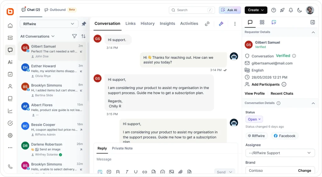 BoldDesk omnichannel support interface showing real-time customer chat and conversation history for agents
