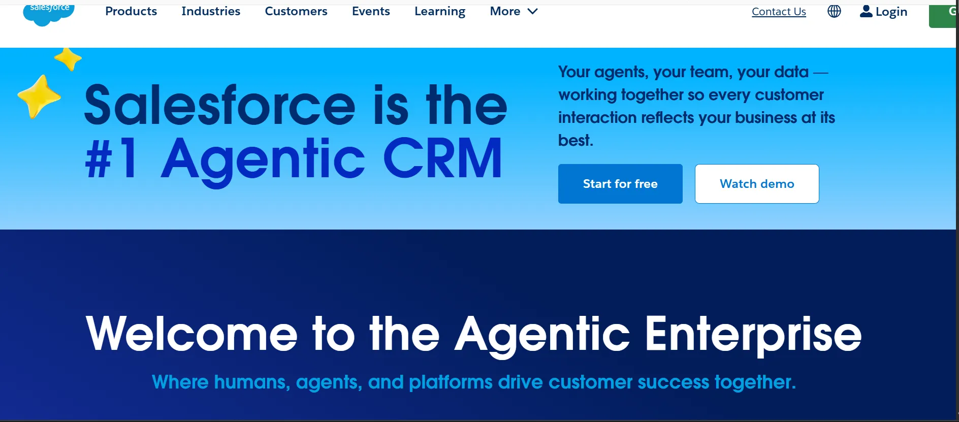 Salesforce homepage promoting the #1 Agentic CRM, featuring Start for Free and Watch Demo call-to-action buttons.