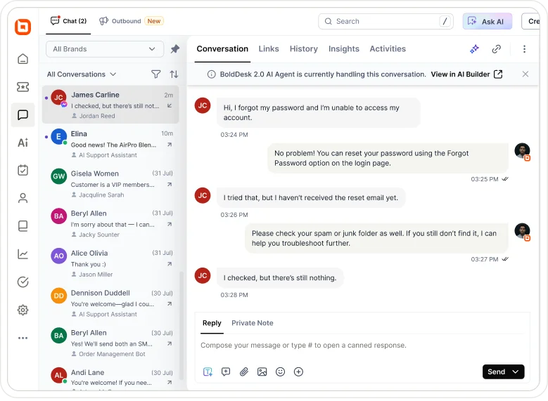 AI Agent chat interface showing a support conversation with a customer regarding account access and password reset issues.