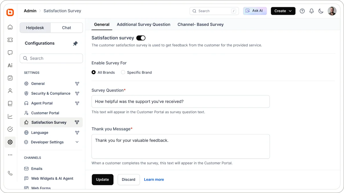 BoldDesk satisfaction survey settings page showing customer feedback survey configuration and automated CSAT collection.