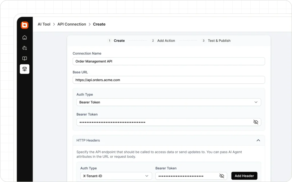 BoldDesk API setup screen shows secure authentication, custom headers, and order management integration.
