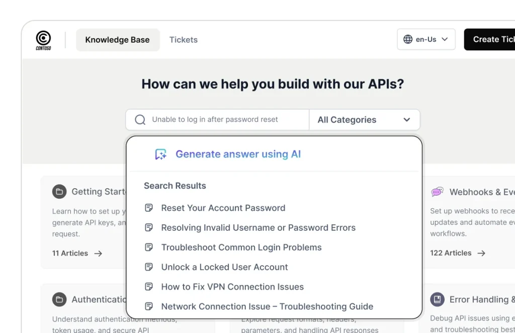 AI-powered knowledge base search in BoldDesk with automated answer generation and self-service support recommendations