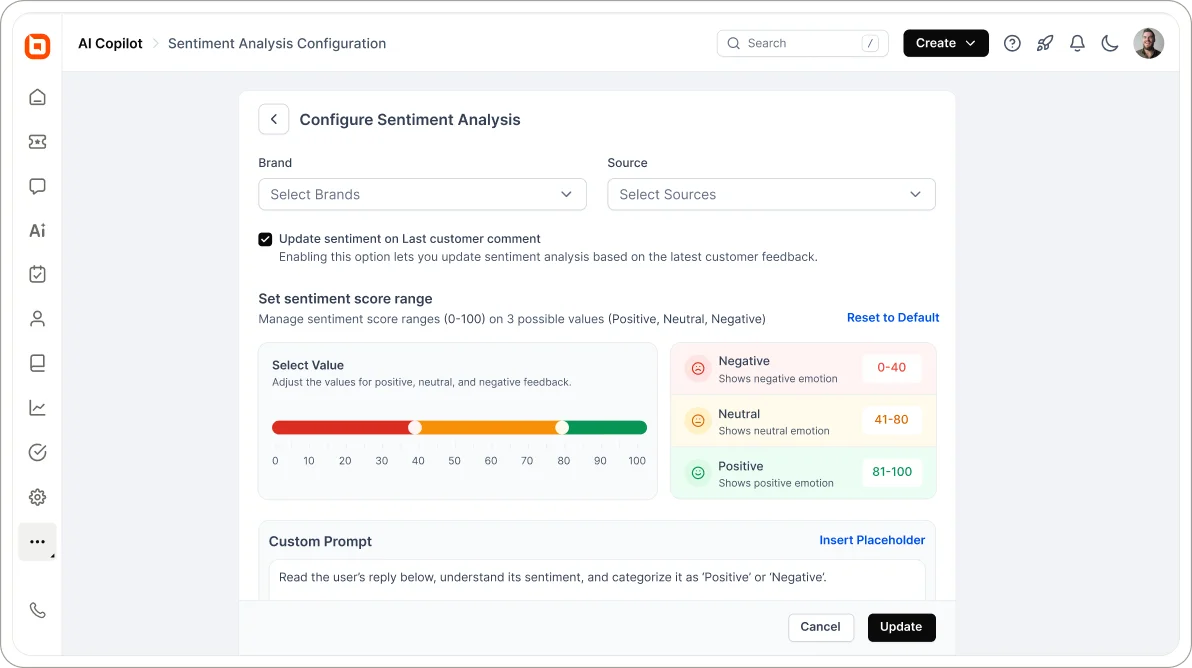 AI customer feedback analysis dashboard showing sentiment detection settings, score ranges, and automated feedback updates.