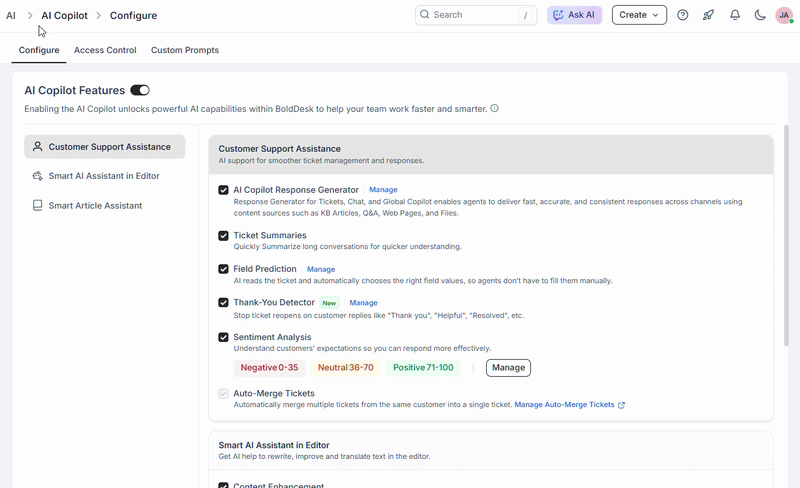 BoldDesk AI Copilot configuration displaying sentiment scoring features in admin settings