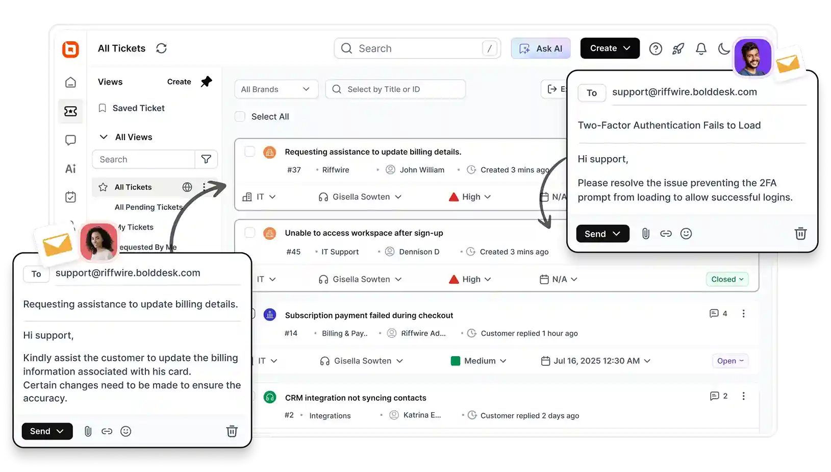 Shared inbox ticket management software showing customer support emails converted into support tickets for team collaboration and issue resolution.