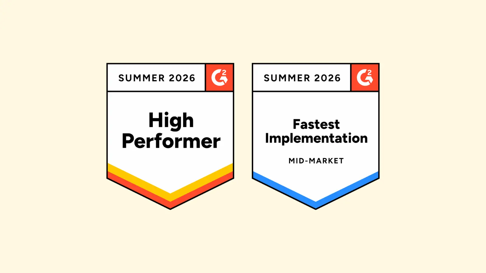 Shared inbox G2 Summer 2026 Report badges recognizing High Performer and Fastest Implementation achievements.