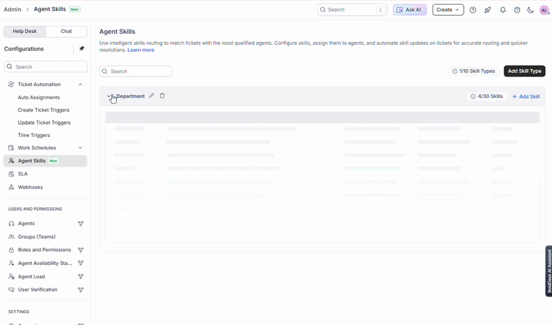 Admin panel displaying agent skills list with priorities and assignments for skill-based ticket routing in July 2026 release