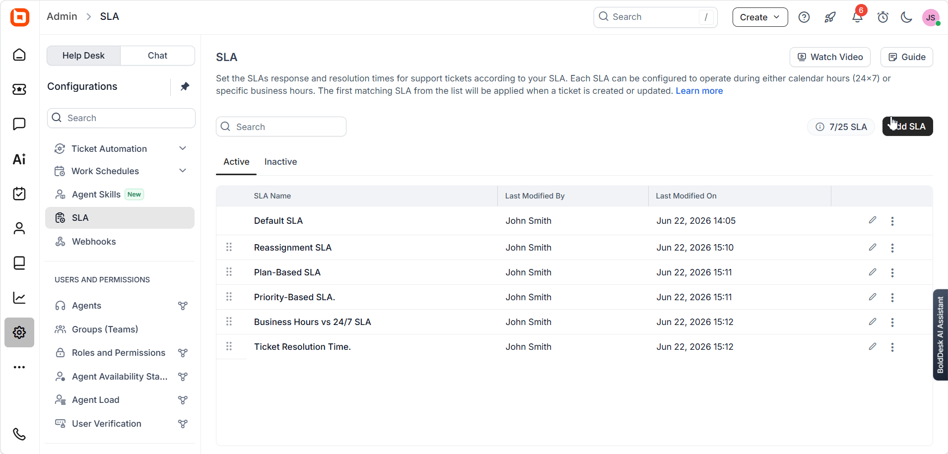 BoldDesk admin panel displaying SLA configurations with active list, filters, and ticket response settings