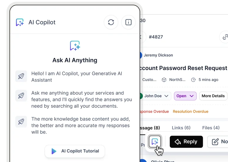 AI Copilot panel offering document-based assistance, tutorials, and quick replies within a support ticket view.