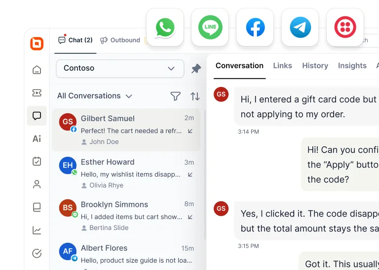 Social message platform unifies WhatsApp, Facebook, LINE, and Telegram conversations for seamless customer support.