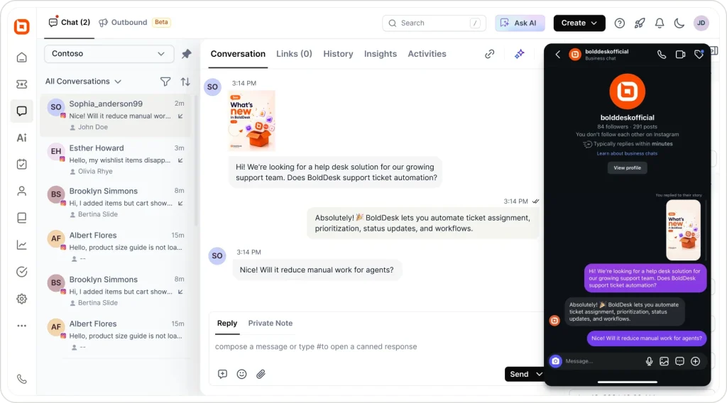 Instagram story reply dashboard for managing customer conversations and social media support