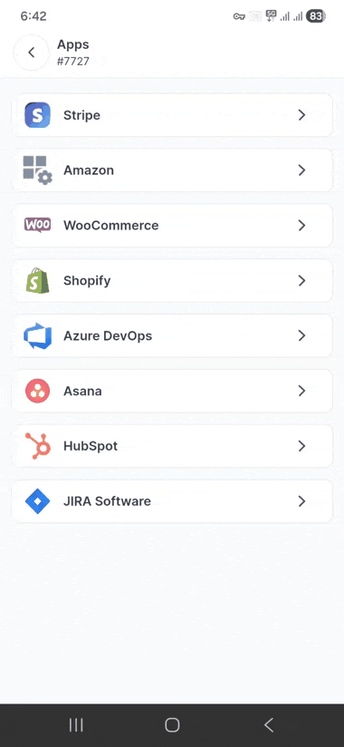 Mobile app integrations screen showing Stripe and other connected apps available in BoldDesk