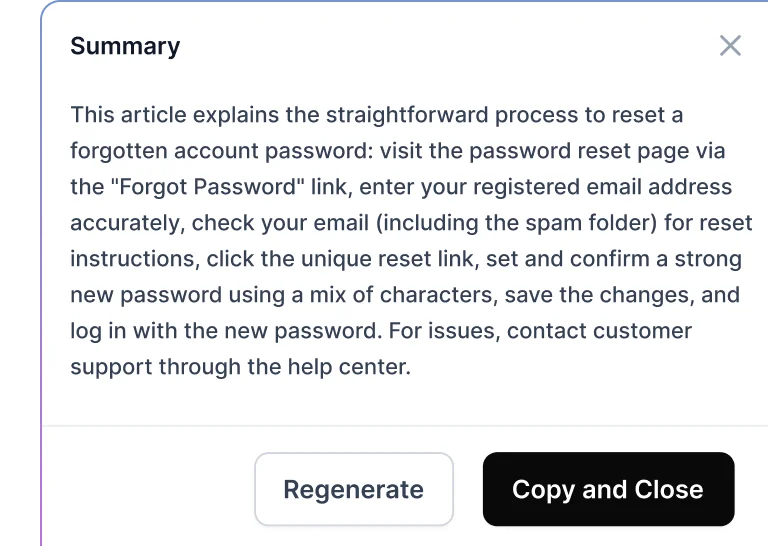 AI assistant creating concise summaries of lengthy knowledge base articles for faster content consumption