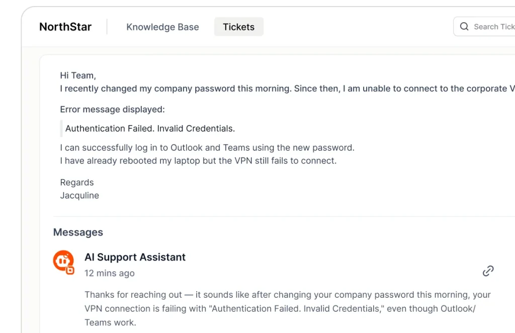 Support ticket shows VPN authentication issue after password change, with AI assistant offering troubleshooting help now