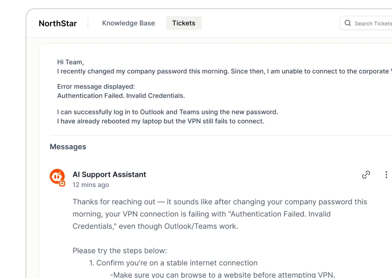 Ticketing portal shows AI support assistant replying to VPN login issue after password change with troubleshooting steps.