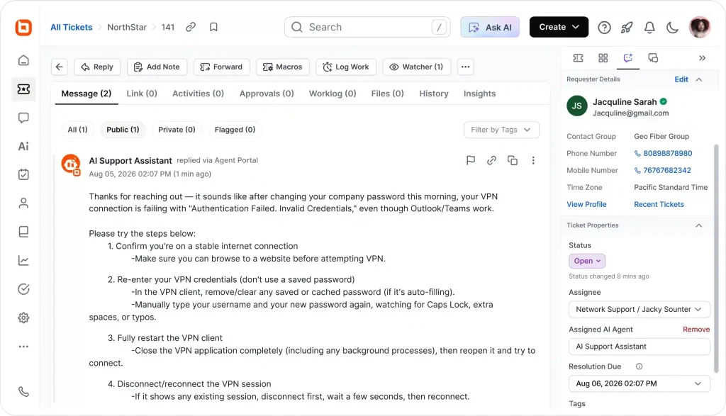 Support ticket dashboard with AI-generated VPN troubleshooting response, requester details, and status panel view screen