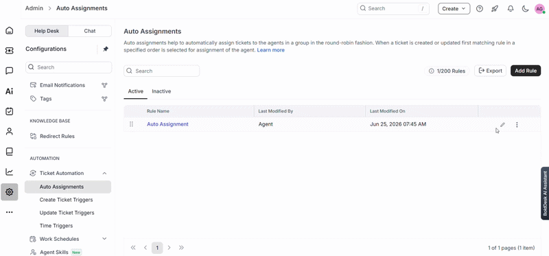 BoldDesk admin panel displaying auto assignment setup with AI agent selection and response configuration fields