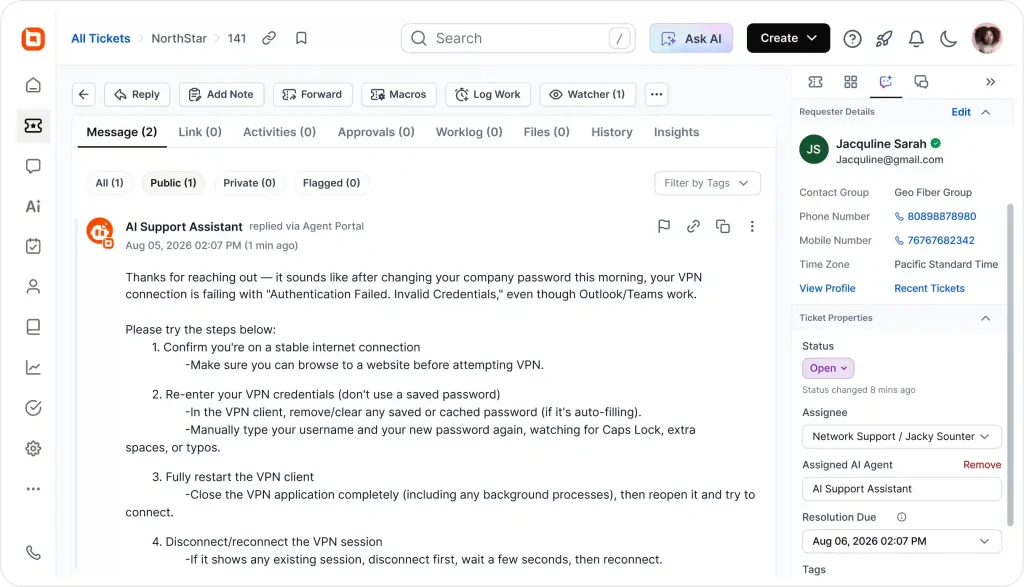 Support ticket dashboard with AI-generated VPN troubleshooting response, requester details, and status panel view screen
